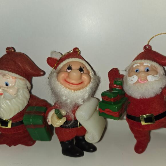4 vintage flocked Christmas ornaments Santa and Elves - Picture 3 of 8